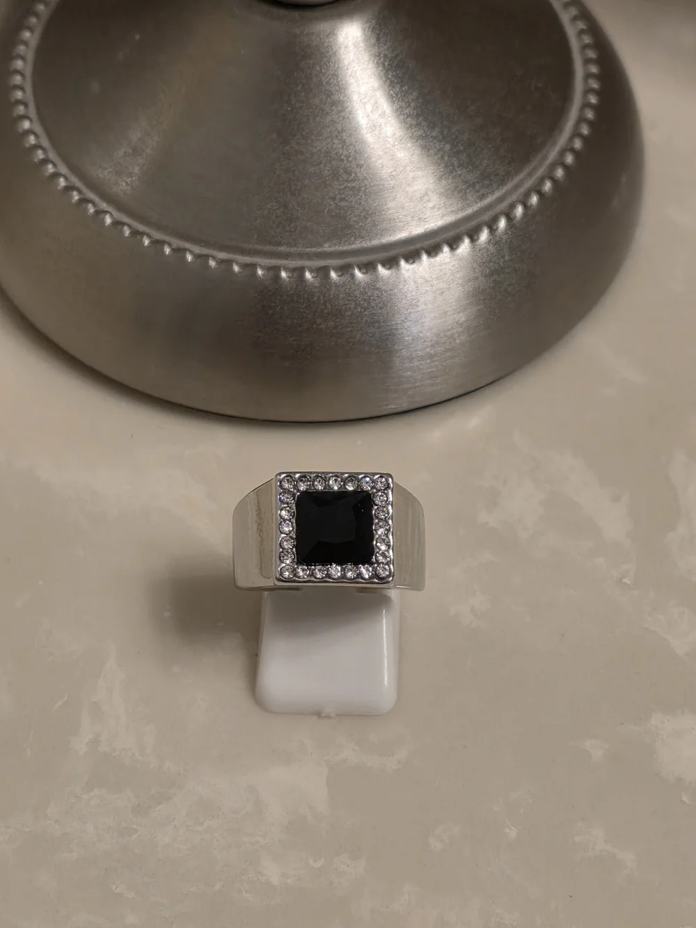 Men's Silver CZ and Onyx Statement Ring Size 8